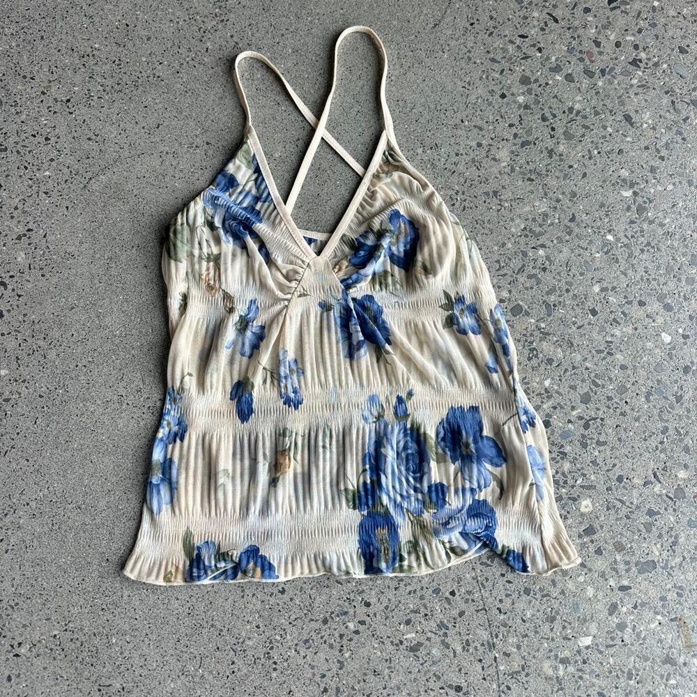 Hourglass Women’s M Blue Floral Smocked Cami Tank Cream Y2K Cottagecore Sheer